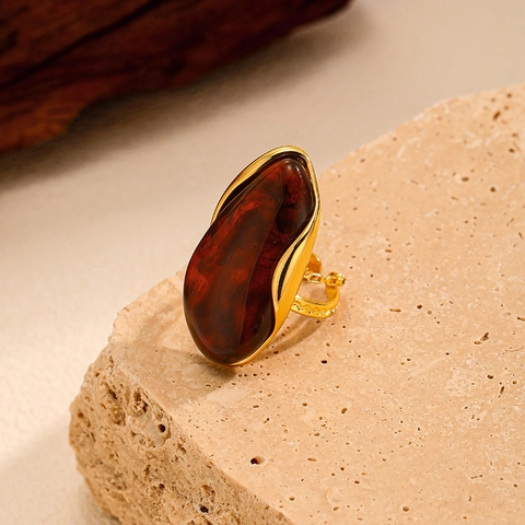 Vintage Gold Plated Stainless Steel Open Ring For Women Geometric Resin Stone Statement Ring Adjustable Niche Jewelry