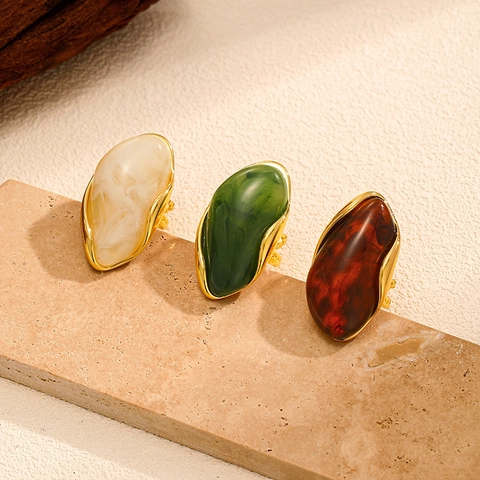 Vintage Gold Plated Stainless Steel Statement Ring For Women Irregular Resin Stone Marble Texture Large Face Open Ring