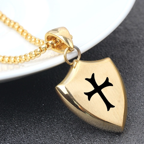 Collar de Pendiente de Escudo Cruz de Malta de Acero Inoxidable Retro Hombre Oro Plata Cepillado Joyería Punk