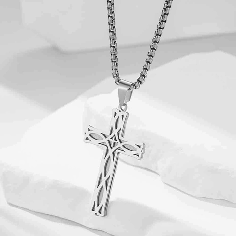 Stainless Steel Irish Celtic Knot Cross Pendant Necklace Simple Fashion Hollow Cross Jewelry For Women Men Religious Gift