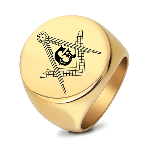 Vintage 304 Stainless Steel Freemasonry Signet Ring For Men Round Laser Engraved Freemason Square Compass Minimalist Ring Jewelry