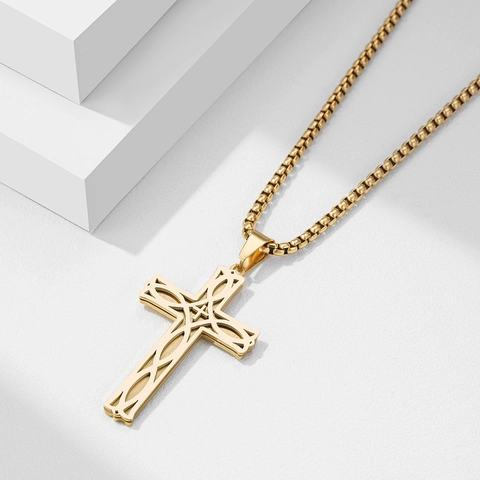Stainless Steel Irish Celtic Knot Cross Pendant Necklace Simple Fashion Hollow Cross Jewelry For Women Men Religious Gift