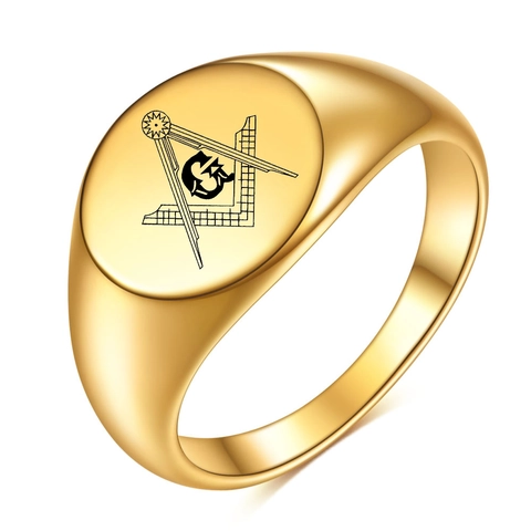 Vintage Masonic Symbol Signet Ring 18K Gold Plated Stainless Steel Laser Engraved Letter G Round Band Ring For Men Women