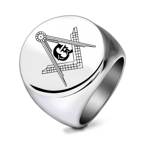 Vintage 304 Stainless Steel Freemasonry Signet Ring For Men Round Laser Engraved Freemason Square Compass Minimalist Ring Jewelry