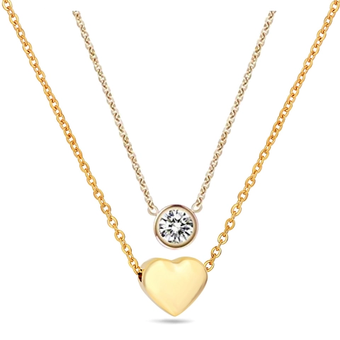 Minimalistische Edelstahl Doppelreihige Halskette Für Damen Mit Poliertem Herzanhänger Und Rundem Zargen-Strass Schlüsselbein-Kette