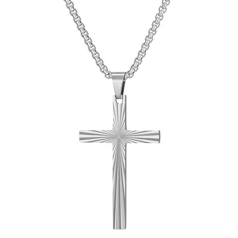Vintage 304 Stainless Steel Cross Pendant Necklace With Sunburst Texture Box Chain For Men Women Religious Jewelry