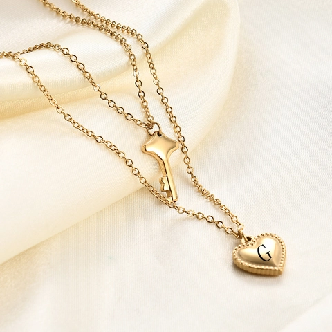 Fashion Double Layered Titanium Steel Necklace For Women Key Heart Initial Letter Pendant Gold Silver Stacked Jewelry