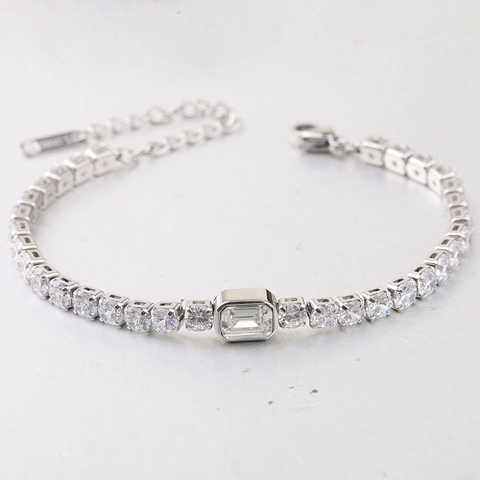Mode Roestvrij Staal Zirkonia Tennis Armband Voor Vrouwen Smaragdslijpsel Rechthoekige Hoofdsteen Verstelbare Kette Sieraden