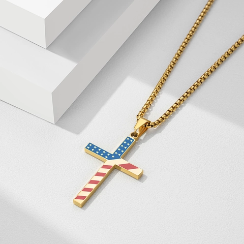 American Flag Stars Stripes Cross Pendant Necklace Stainless Steel Jewelry For Men Women Religious Patriotic Gift Necklace