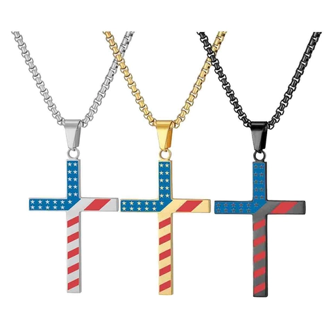 American Flag Stars Stripes Cross Pendant Necklace Stainless Steel Jewelry For Men Women Religious Patriotic Gift Necklace