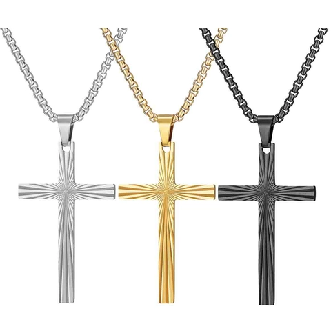 Vintage 304 Stainless Steel Cross Pendant Necklace With Sunburst Texture Box Chain For Men Women Religious Jewelry