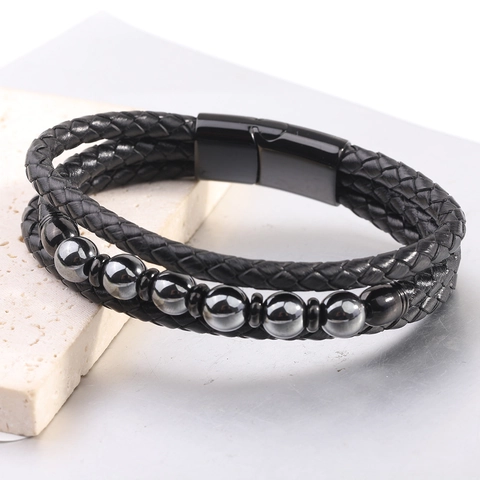 Pulsera de Cuero Trenzado de Varias Capas para Hombre Con Cuentas de Piedra Natural Estilo Geométrico Retro Joyería Regalo