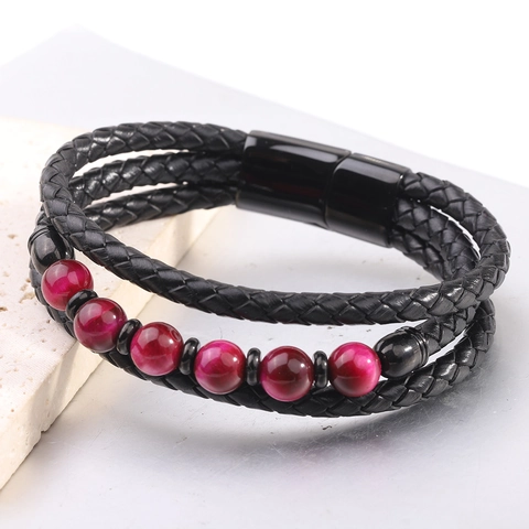 Pulsera de Cuero Trenzado de Varias Capas para Hombre Con Cuentas de Piedra Natural Estilo Geométrico Retro Joyería Regalo