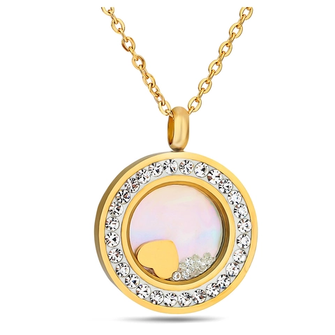 Fashion Stainless Steel Round Floating Locket Necklace With Rhinestone Heart Pendant For Women Jewelry Gift Accessory