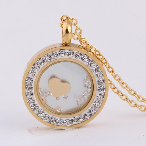 Fashion Stainless Steel Round Floating Locket Necklace With Rhinestone Heart Pendant For Women Jewelry Gift Accessory