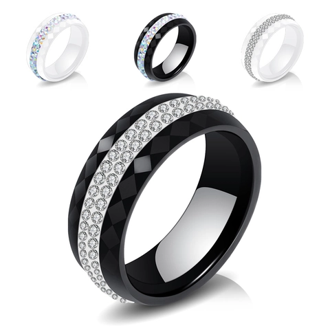 Minimalist Faceted Ceramic Stainless Steel Ring For Women Double Row Rhinestone Inlaid Fashion Jewelry Black White Ring