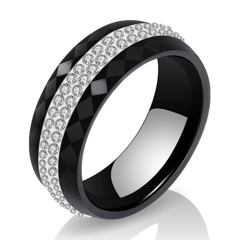Minimalist Faceted Ceramic Stainless Steel Ring For Women Double Row Rhinestone Inlaid Fashion Jewelry Black White Ring