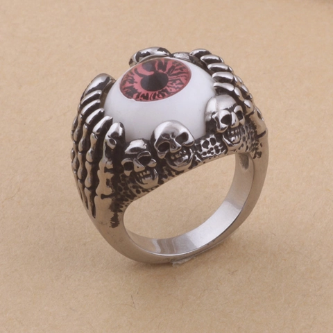 Anello Teschio Occhio del Diavolo Gotico per Uomo Acciaio Inossidabile 304 Mano di Ossa Bulbo Oculare Rosso Punk Gioielli Halloween