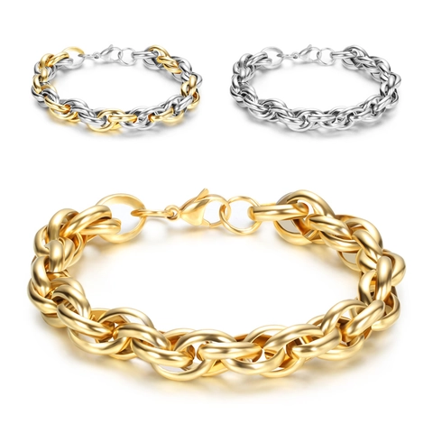 Punk Stainless Steel Twisted Chain Bracelet For Men Polished Braided Bangle Gold Silver Two Tone Jewelry Gift