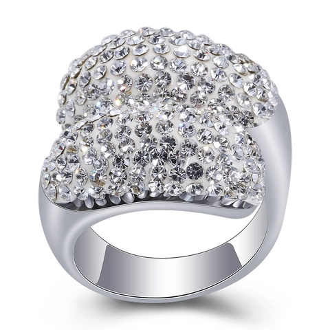Fashion Wide Band Stainless Steel Pave Rhinestone Ring For Women Geometric Double Layer Finger Ring Proposal Jewelry Gift