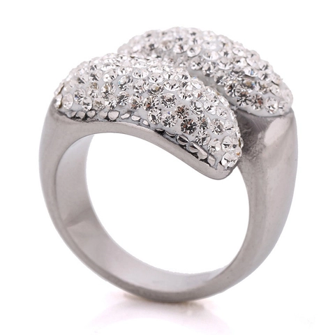 Fashion Wide Band Stainless Steel Pave Rhinestone Ring For Women Geometric Double Layer Finger Ring Proposal Jewelry Gift