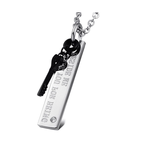 Minimalist 304 Stainless Steel Couple Pendant Necklace Engraved Rectangular Tag With Key Charm Rhinestone Anniversary Gift
