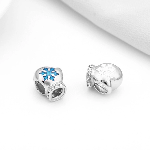 925 Sterling Silver Christmas Snowflake Glove Charm Bead Blue Enamel Rhinestone Inlaid DIY Jewelry Accessories For Bracelet Necklace