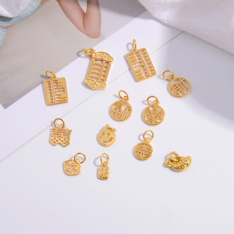 925 Sterling Silver Gold Plated Chinese Style Charms Fu Character Abacus Fish Smiley Face Pendants For DIY Jewelry Accessories