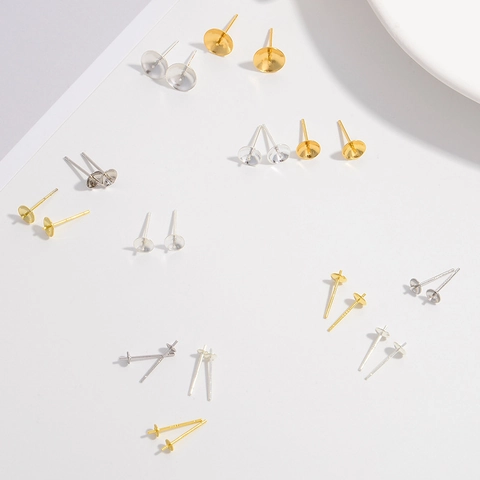 925 Sterling Silver Earring Posts Gold Plated Cup And Peg Earring Base DIY Jewelry Findings For Pearl Jewelry Making