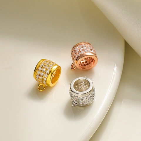 925 Sterling Silver Inlaid Zirconia Round Cylinder Pendant Spacer Bead For DIY Jewelry Making Accessories Women Gift