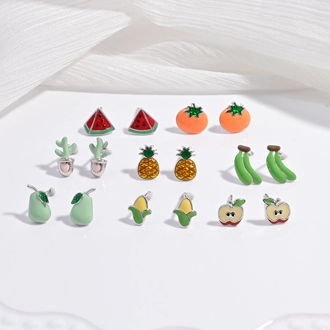 Boucles d'Oreilles Clous en Argent Sterling 925 Forme Fruit Pastèque Ananas Banane Tomate Émail pour Femme Bijoux Style Pastoral