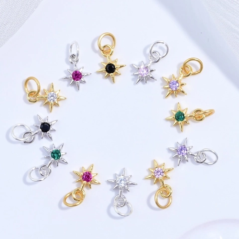 S925 Sterling Silver Eight-Pointed Star Pendant Colorful Zirconia Inlaid North Star Shape Charm For DIY Jewelry Making Necklaces Bracelets Accessories