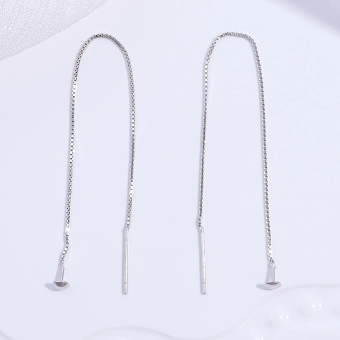 Boucles d'Oreilles Traversantes en Argent Sterling 925 Longue Chaîne à Mailles Carrées Bijoux Mode Minimaliste Femme