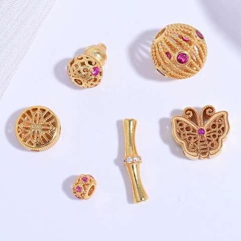 925 Sterling Silver Gold Plated Hollow Gourd Butterfly Round Beads Rhinestone DIY Jewelry Making Accessories Charms