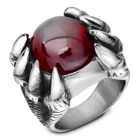 Vintage Punk Heren Titaniumstaal Drakenklauw Ring Met Ronde Rode Strass Halloween Gotische Sieraden Accessoire Voor Feest