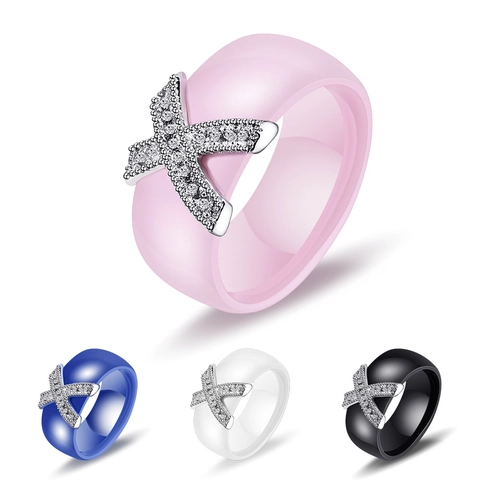 Fashion Ceramic X Shape Rhinestone Inlaid Band Ring For Couples Women Elegant Light Luxury Jewelry Accessory Gift