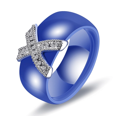 Fashion Ceramic X Shape Rhinestone Inlaid Band Ring For Couples Women Elegant Light Luxury Jewelry Accessory Gift