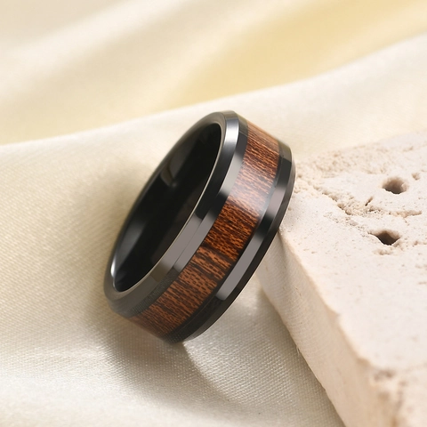 Vintage 8MM Stainless Steel Ring With Wood Grain Inlay Minimalist Geometric Band Ring For Men Unisex Fashion Jewelry