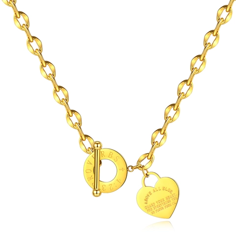 Minimalist 304 Stainless Steel Heart Pendant Toggle Necklace Bible Verse Engraved Religious Proverbs Quote OT Clasp Chain For Women