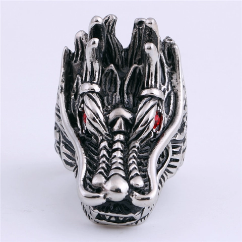 Vintage Stainless Steel Dragon Head Ring For Men Punk Gothic Red Zirconia Eyes Animal Ring Jewelry Gift For Party