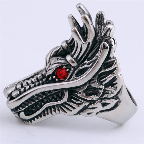 Vintage Stainless Steel Dragon Head Ring For Men Punk Gothic Red Zirconia Eyes Animal Ring Jewelry Gift For Party
