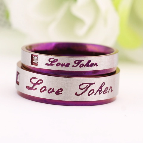 304 Stainless Steel Couple Rings Zircon Inlaid Two Tone Silver Purple Love Token Band Ring For Men Women Valentine Gift