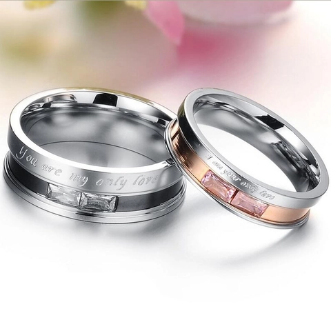 Stainless Steel Zirconia Couple Rings With Romantic Love Engraved Letter Matching Band Rings For Women Men Jewelry