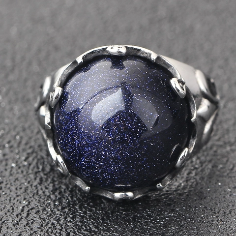 Anello Vintage in Acciaio Inossidabile con Pietra di Sabbia Blu per Uomo Stile Punk Gothic Geometrico Ovale Anello a Fascia Gioielli Regalo
