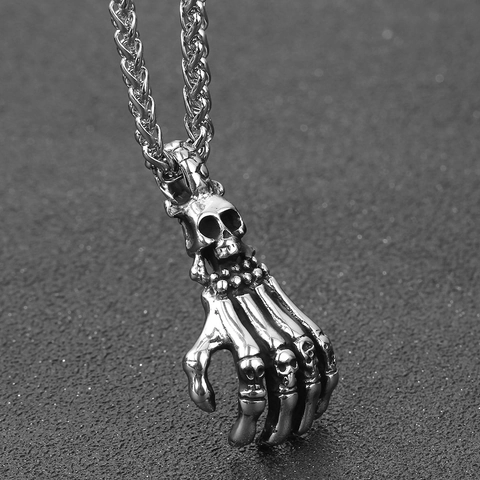 Collar con Colgante de Mano de Esqueleto de Acero Inoxidable Punk Gótico para Hombre Joyería Retro Envejecida para Fiesta de Halloween