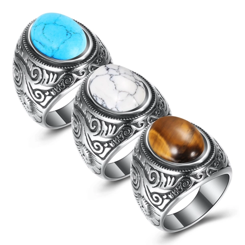 Vintage Stainless Steel Men Ring Turquoise Tiger Eye White Stone Engraved Signet Band Bohemian Punk Style Jewelry For Men