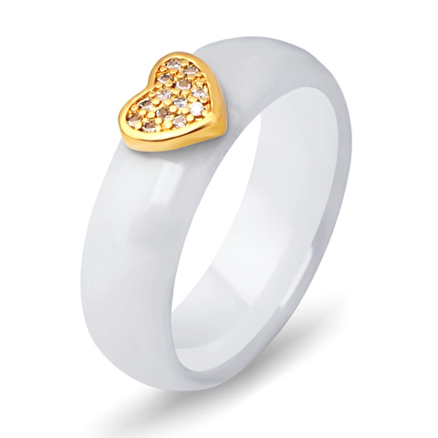 Minimalist Ceramic Ring With Golden Heart Micro Pave Cubic Zirconia Fashion Jewelry Finger Ring For Women Black White