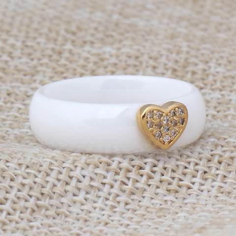 Minimalist Ceramic Ring With Golden Heart Micro Pave Cubic Zirconia Fashion Jewelry Finger Ring For Women Black White