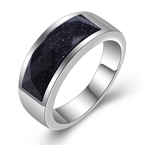 Minimalist Stainless Steel Ring For Men Women Inlaid Rectangular Geometric Blue Sandstone Black Rhinestone Simple Band Ring