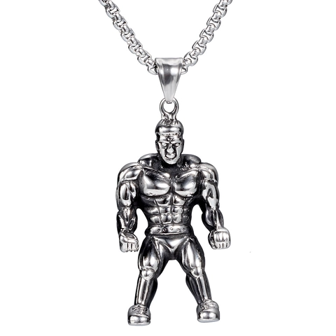 Vintage Stainless Steel Muscle Man Pendant Necklace For Men Fitness Bodybuilder Figure Muscle Pose Box Chain Jewelry